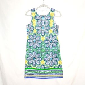 London Times sleeveless shift print dress. Size 6, blue/yellow/green.